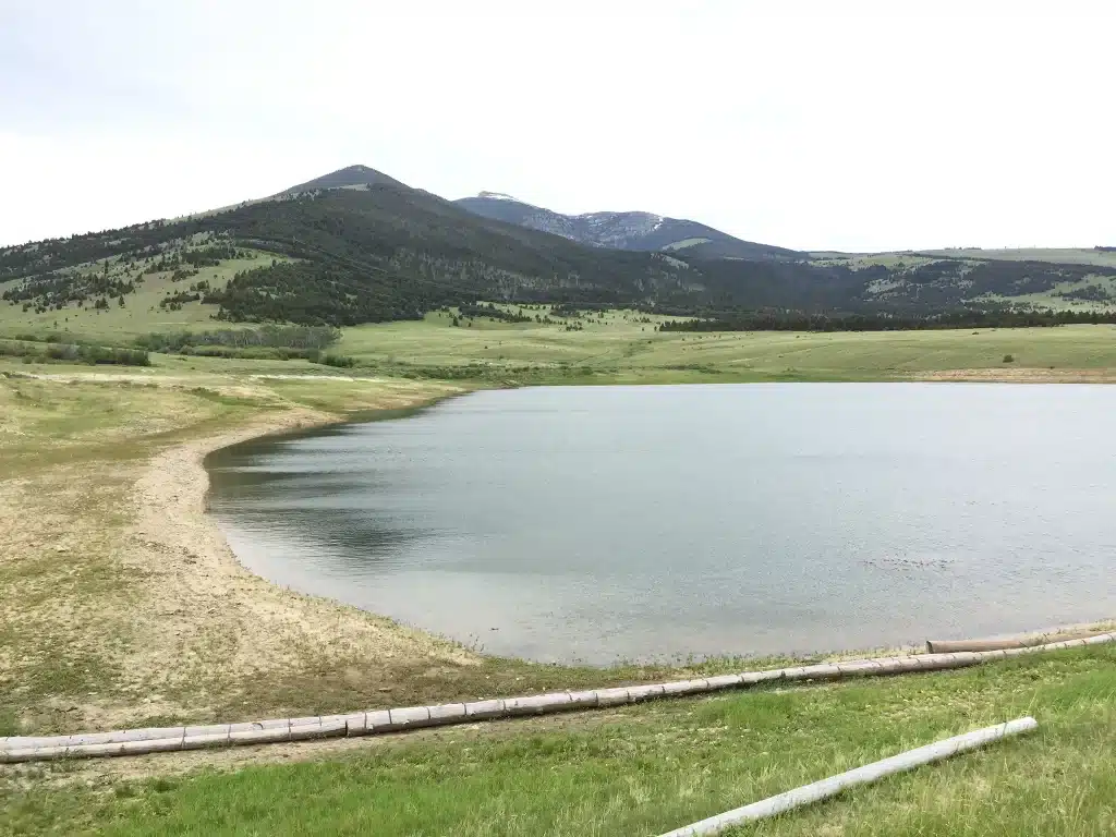 Powell Dam in summer with green grass and lake.